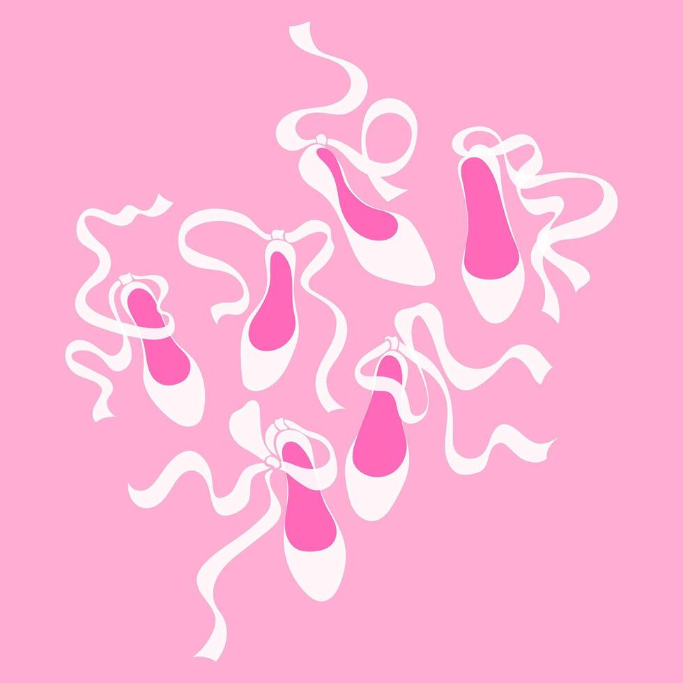 Set of ballet shoes in ballet core style on pink background. Cute girly clip art. vector