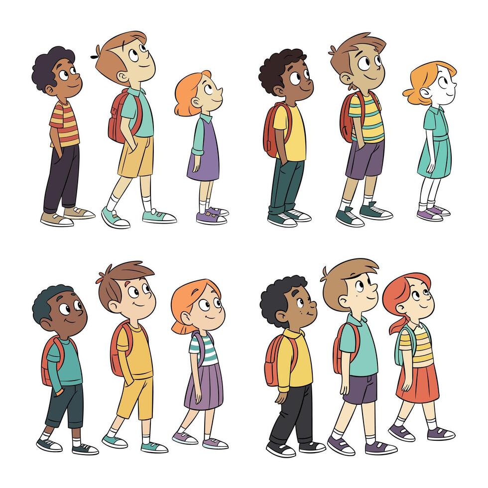 A row of diverse children, aged 6-10, are depicted in a cartoon style. Facing forward vector
