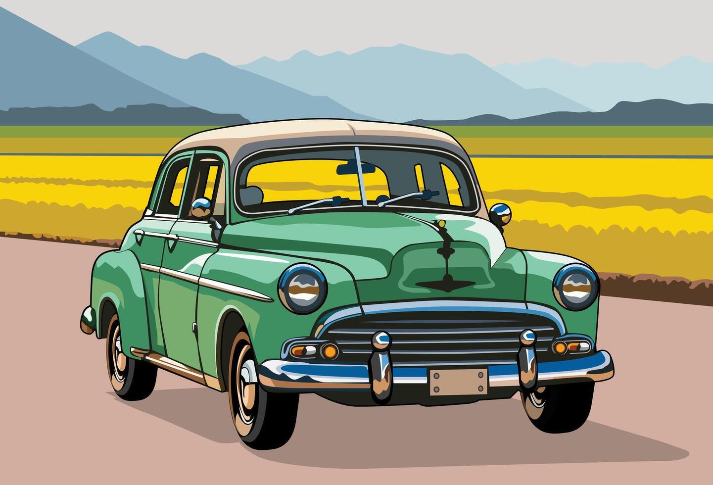 Classic Green Car on country road and yellow paddy rice at the background. vector