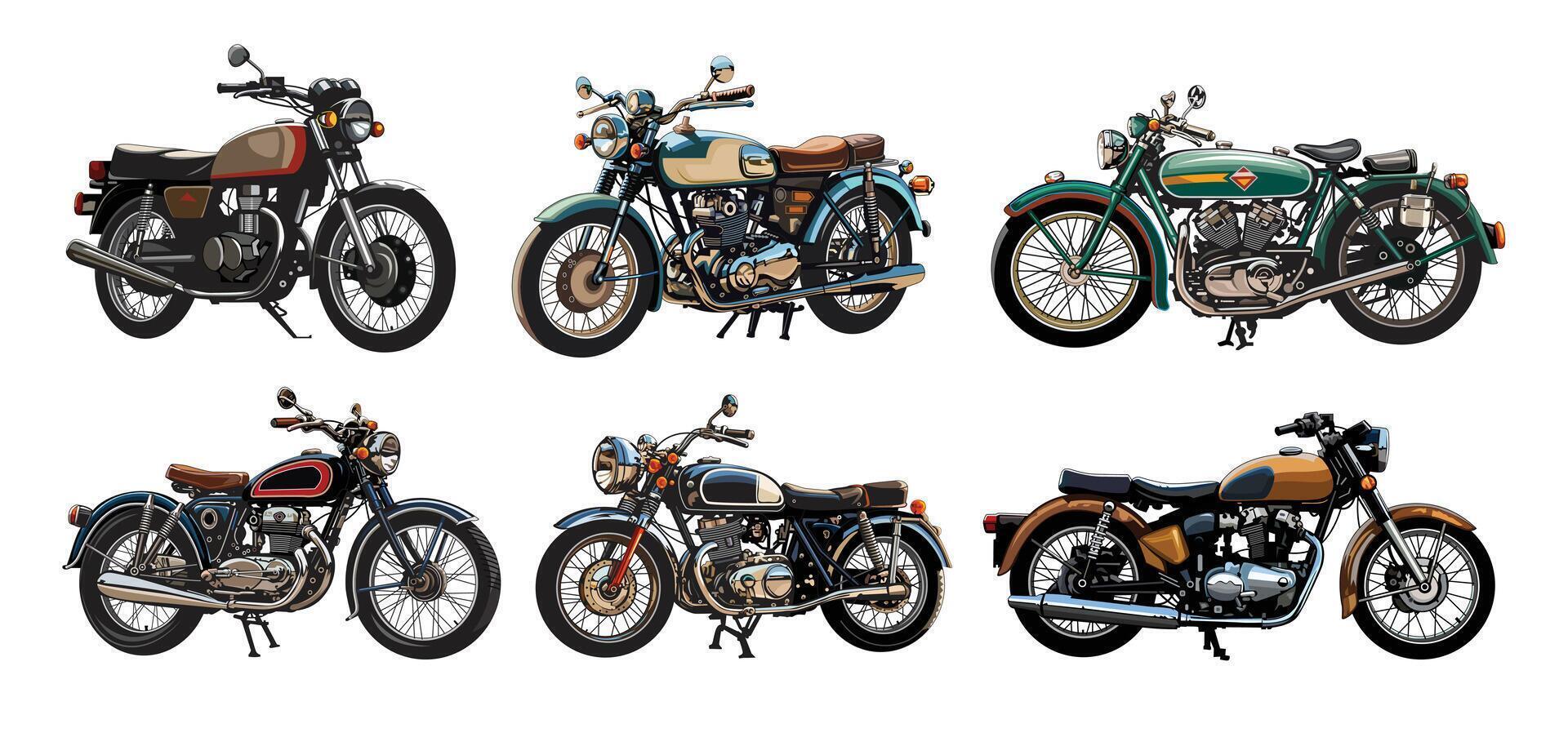 Set of vintage motorbikes illustration, isolated on white background. vector