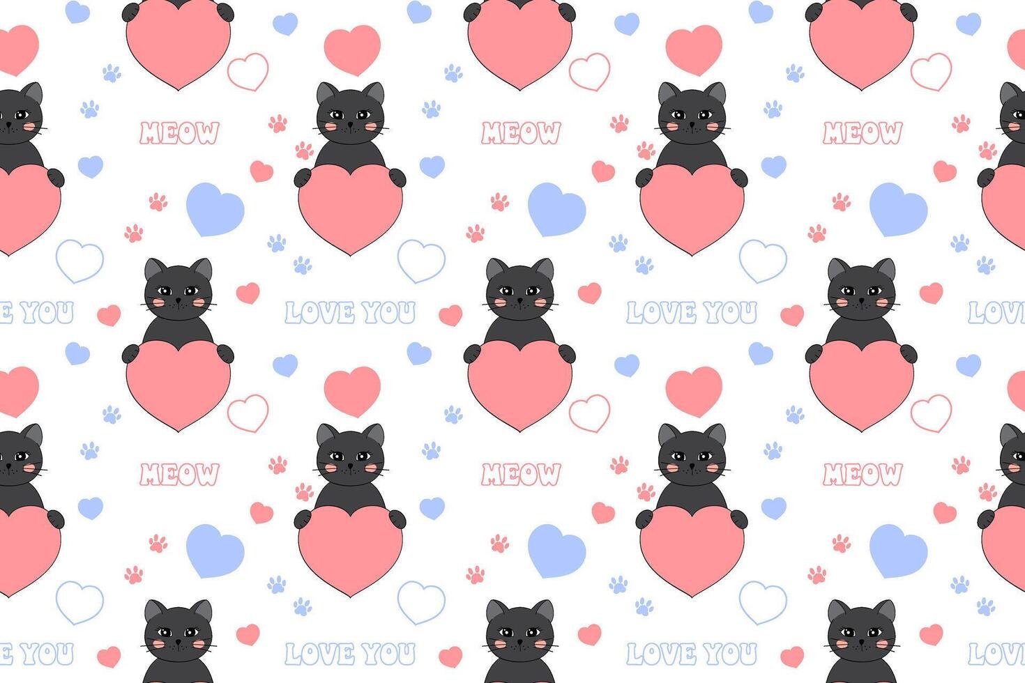 Sweet Valentines Day seamless pattern with cat, heart, paw prints and lettering. Festive design for wrapping paper, fabric, wallpaper, cards. illustration vector