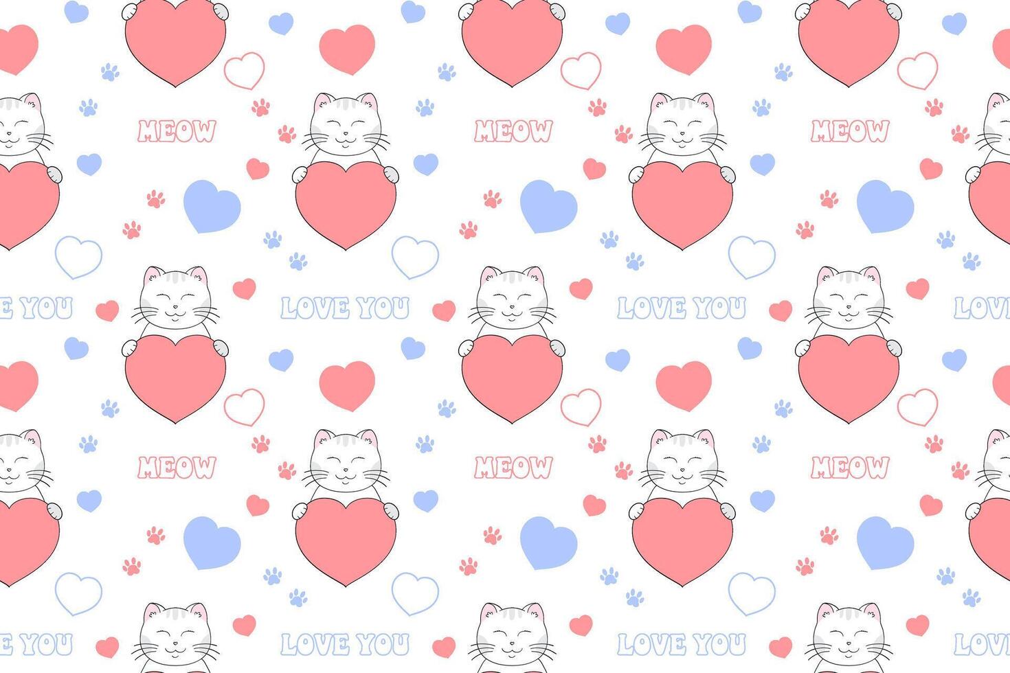 Cute Valentines Day seamless pattern with funny white cat, heart, paw prints and lettering. Festive design for wrapping paper, fabric, wallpaper, cards. illustration vector