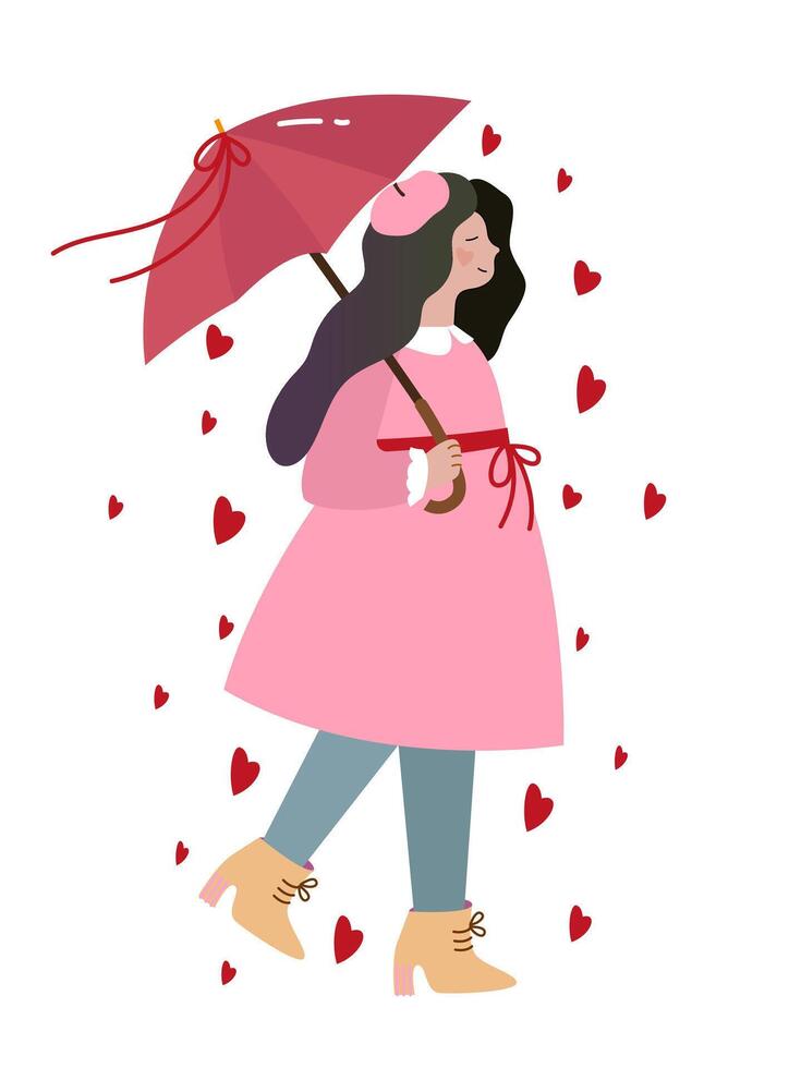 Cute girl fall in love. Valentine's Day greeting design, card or banner. Red heart rain. vector