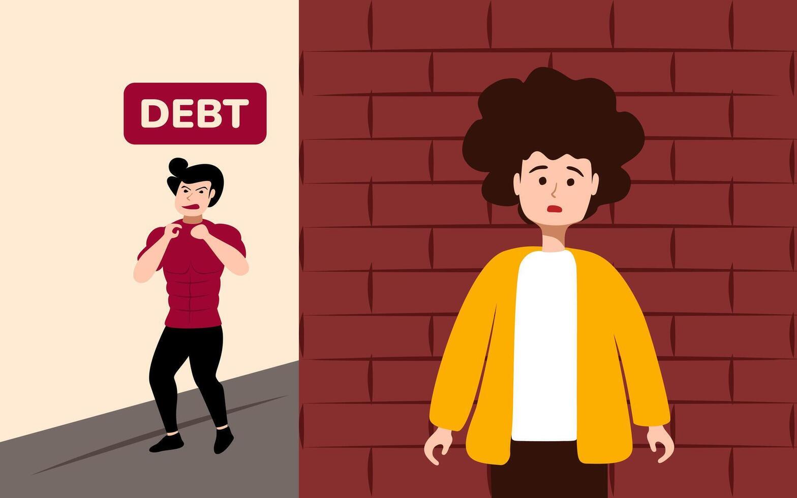A cartoon woman is standing in front of a brick wall with a debt sign vector