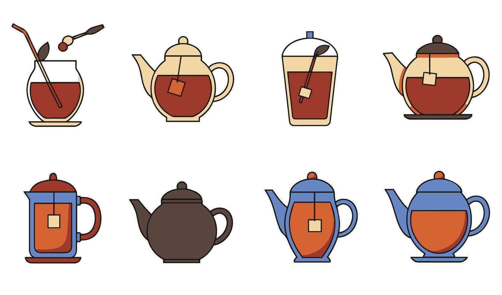 Charming Tea Tea Cup Set Illustrations Featuring Diverse Teapots and Tea Cups with Soft Hues vector
