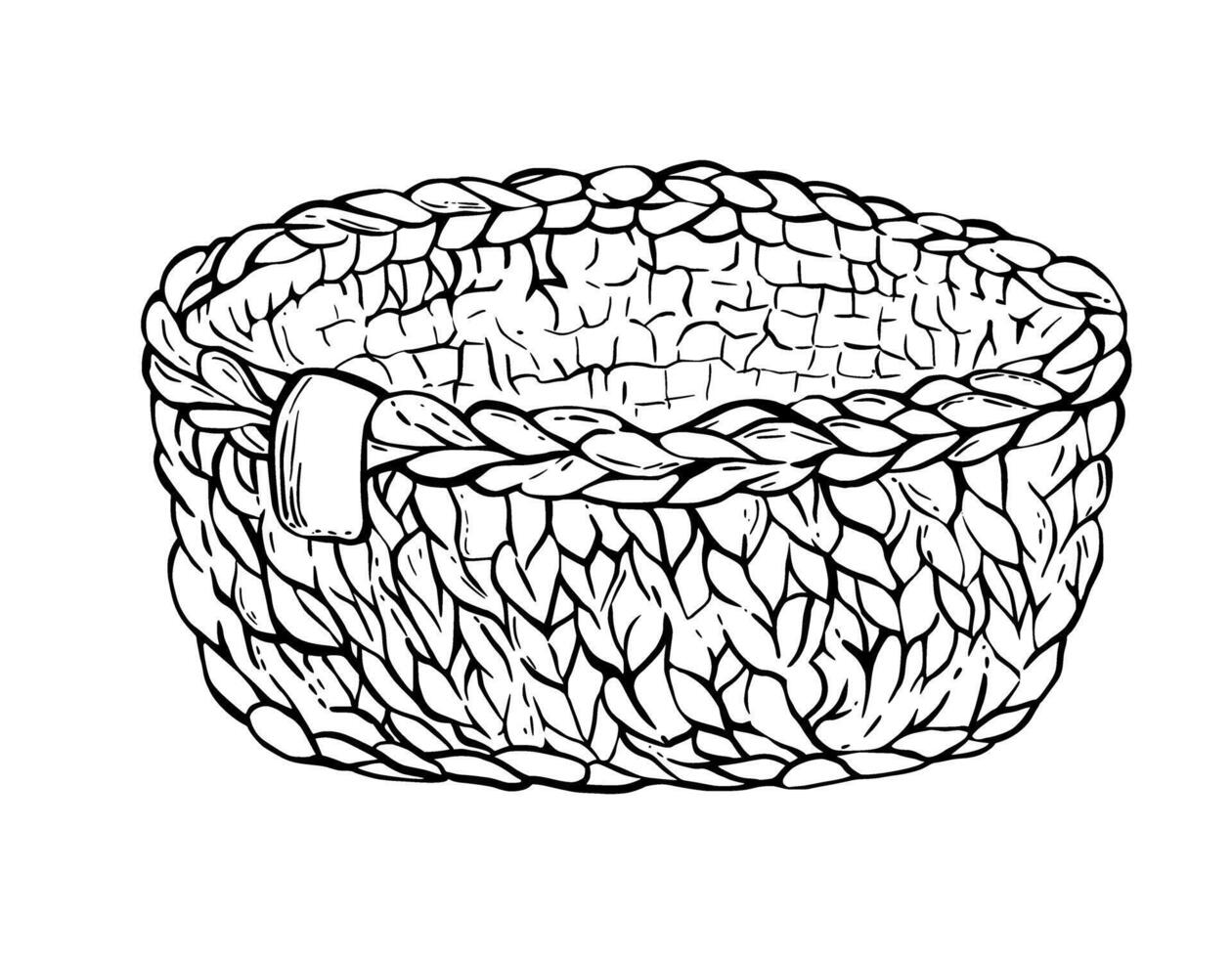 Knitted basket. black line art hand drawing illustration. Hobby knitting handmade element for yarn skeins, macrame. Isolated from background clipart for handicraft product logo, sticker, label. vector