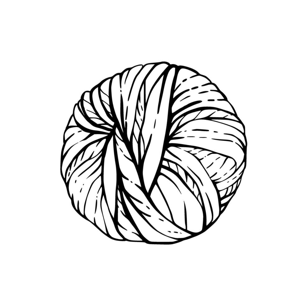 Ball of yarn. Round skein of knitting thread. black line art hand drawing illustration. Clipart for handmade design of materials for handicrafts, hobby Knitting product isolated from background vector