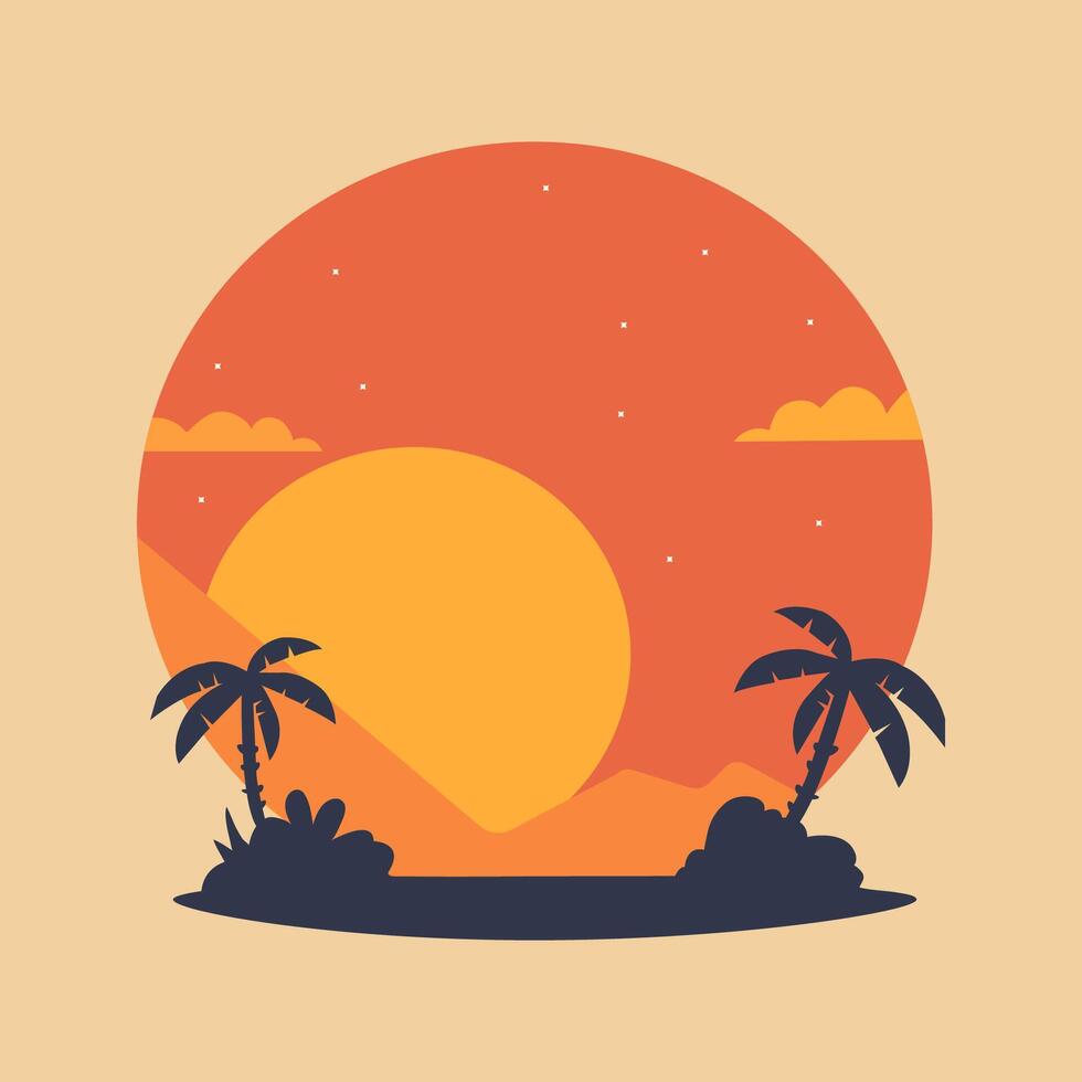 Minimalist illustration of a tropical sunset with palm trees. The composition features a large orange sun, silhouettes of palm trees. Perfect use in summer, tropical, or travel-themed designs. vector