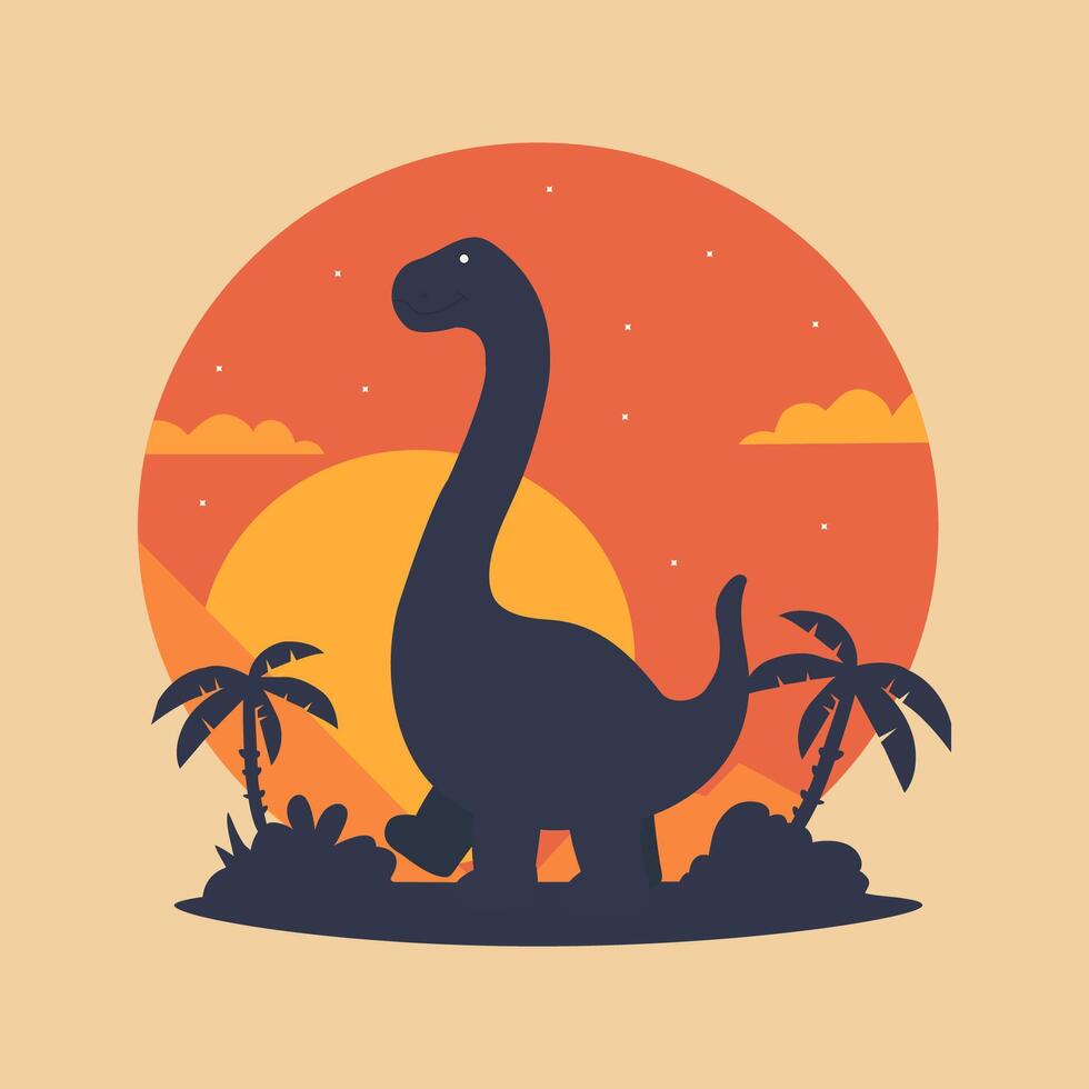 Illustration featuring the silhouette of dinosaur against a sunset background. vector