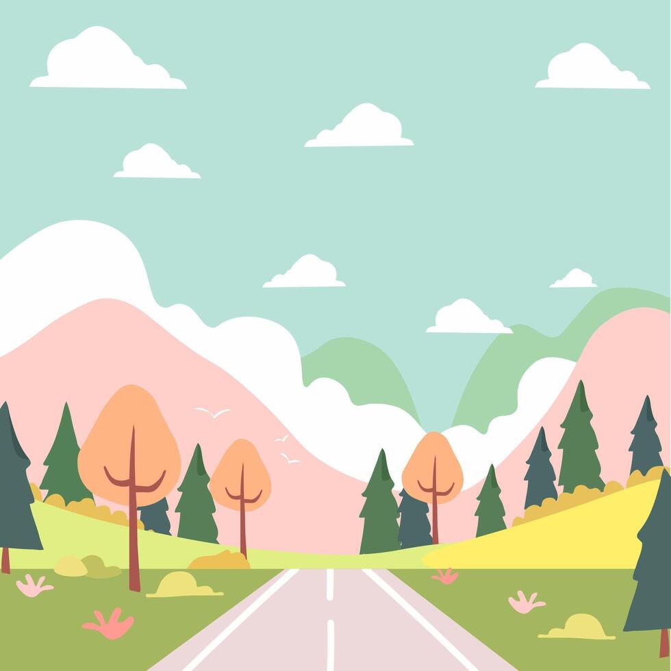 Background of the landscape. The road in the green valley, mountains, hills, clouds and the sun in the sky. Flat style of illustration of spring or summer nature. vector