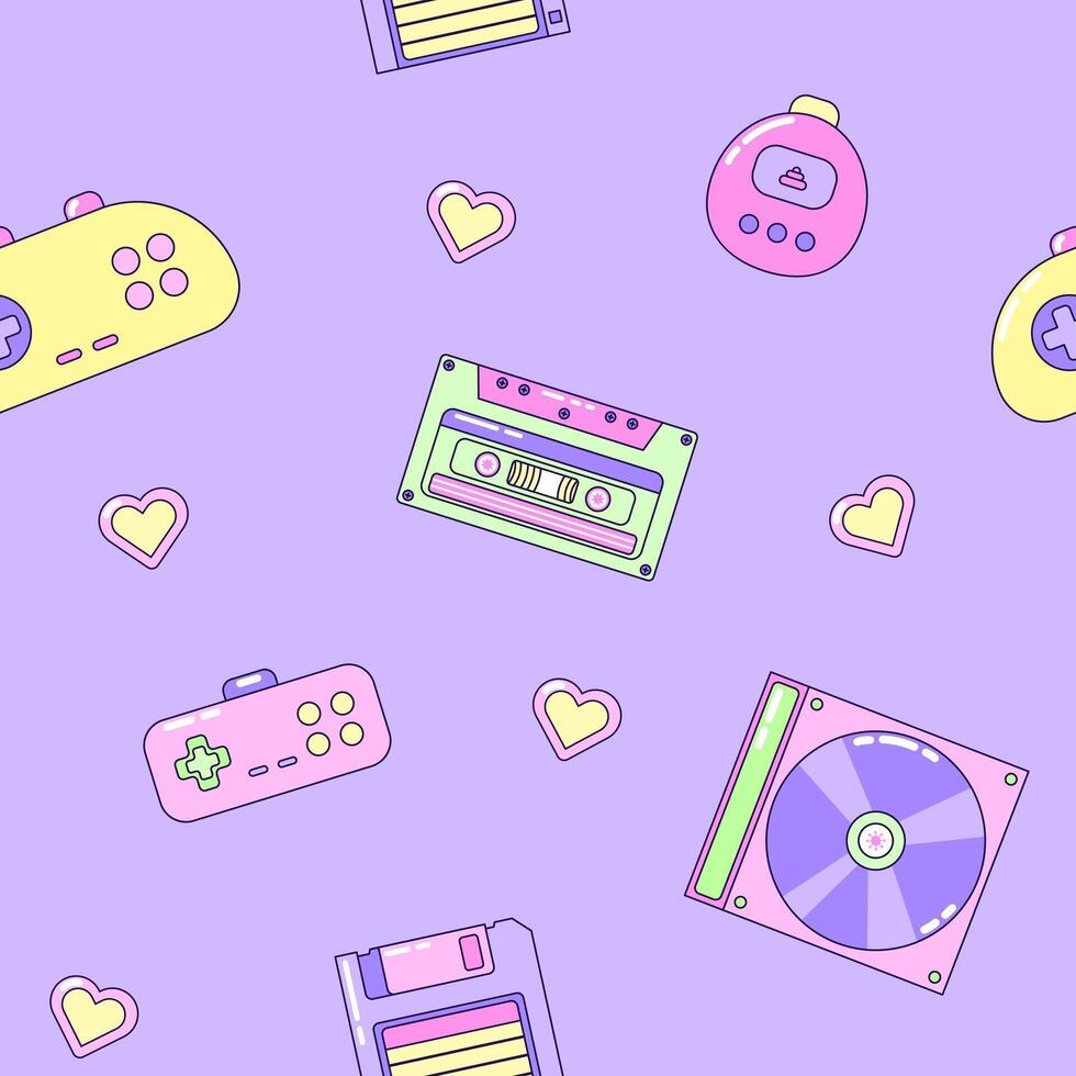 Seamless pattern with audio cassette and gamepad. Multicolored retro elements on purple background. Retro illustration with outline in 90s style. illustration. vector