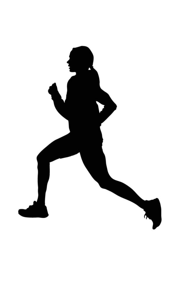 A silhouette of a female runner mid-stride, wearing athletic clothing and sneakers, against a plain white background vector