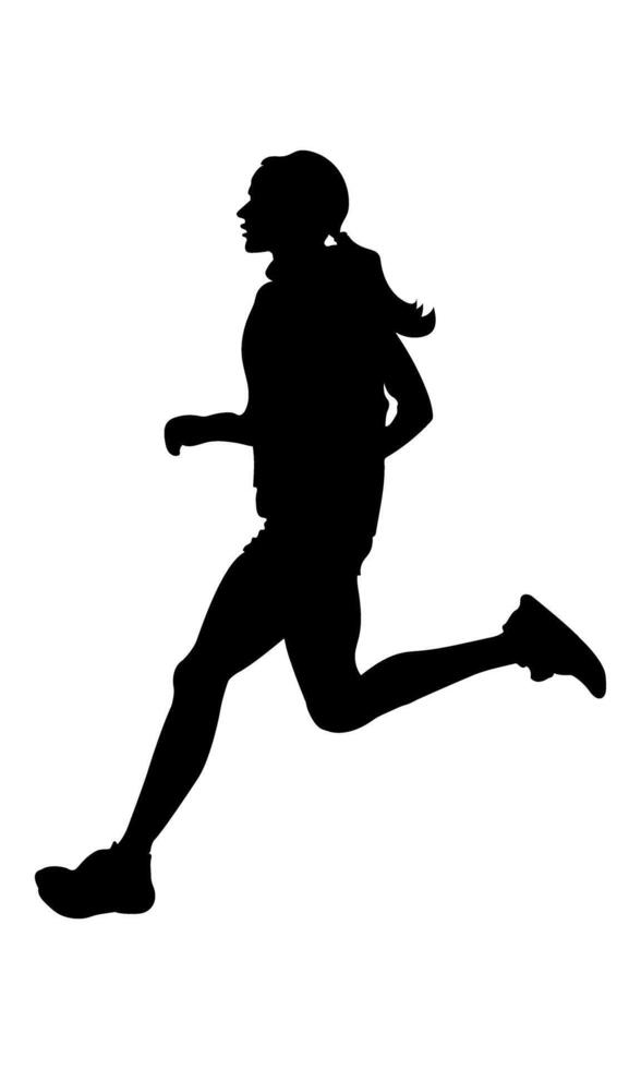 A silhouette of a female runner mid stride, wearing athletic clothing and sneakers, against a plain white background vector