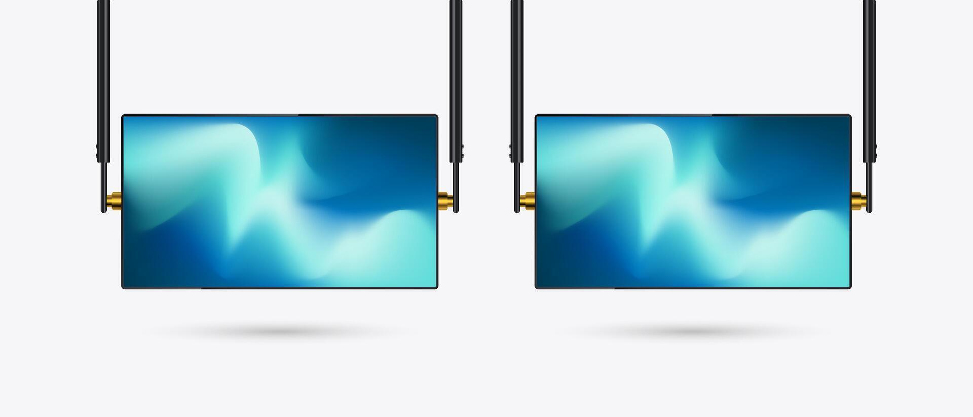 Set of Two Hanging LED Screens Mockup with gradient blue screen. A hanging technology LED Screen Mockup in 3Ds. two editable LEDs Illuminated TV. vector