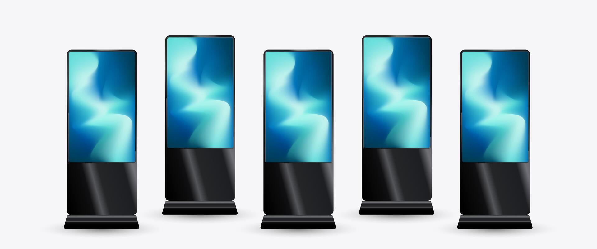 Set of five mock up modern LED TV Screen with gradient blue screen. and Five Vertical Led Displays for technology LED Screen Mockup in 3Ds. editable LED , illustration vector