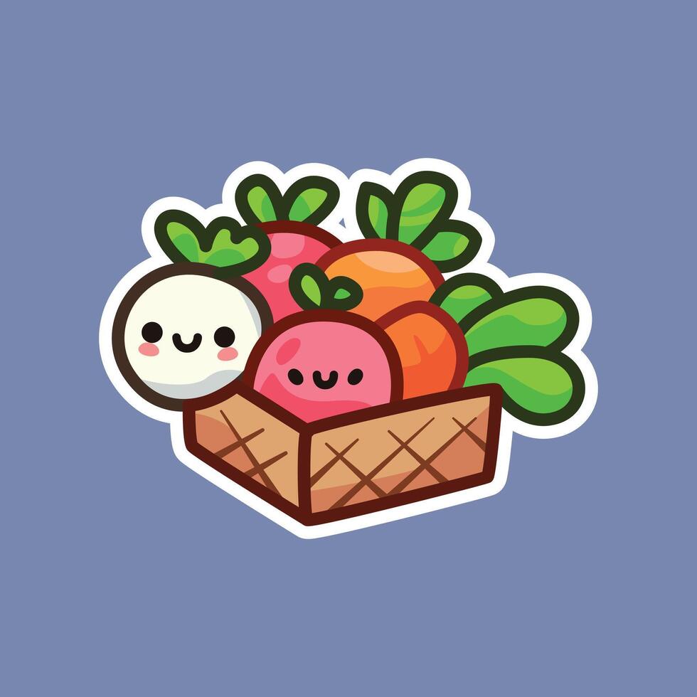 Fresh Basket of Vegetables and Fruits with Smiling Faces. Hand Drawn Isolated Illustration vector