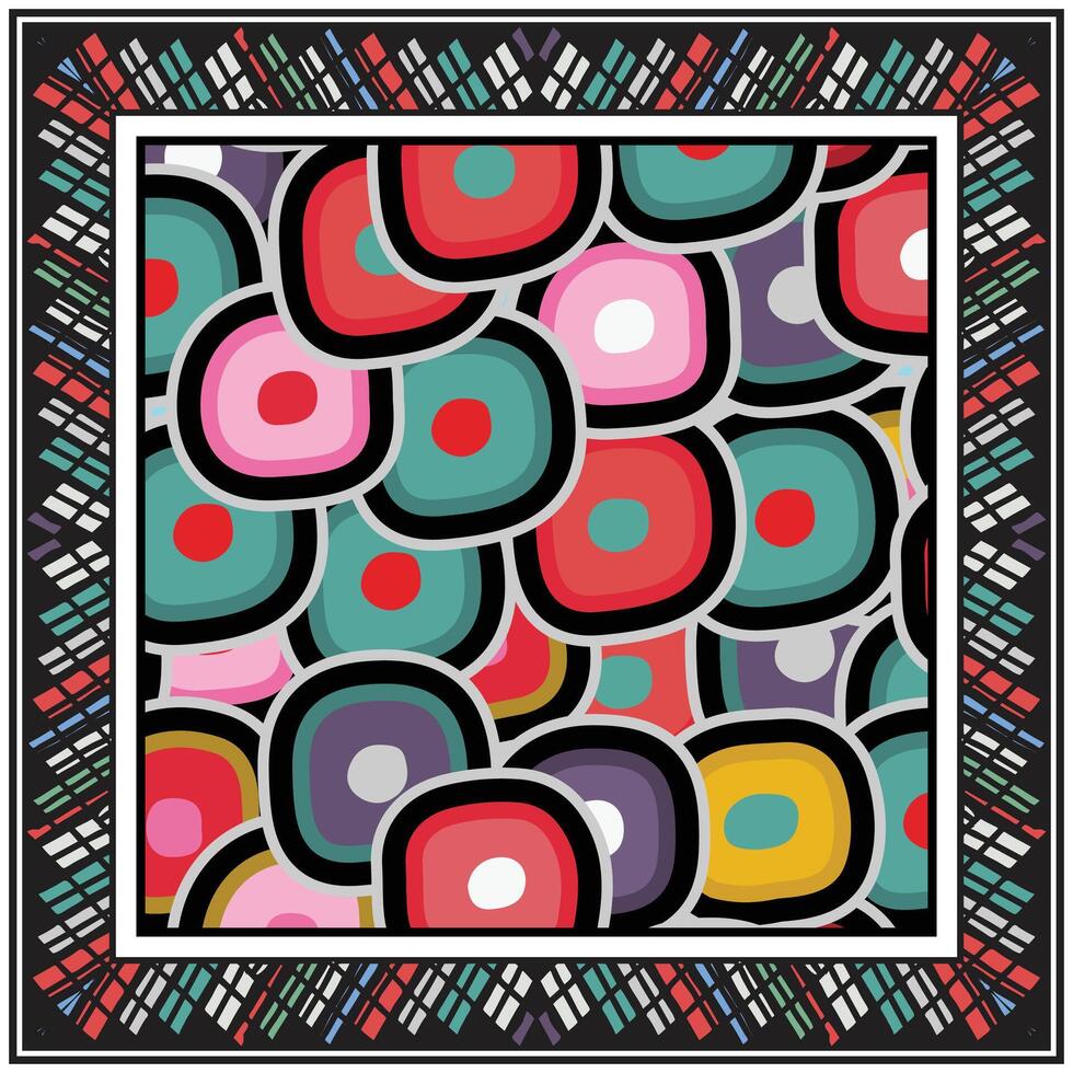 Abstract colorful pattern with overlapping circles and geometric border. vector