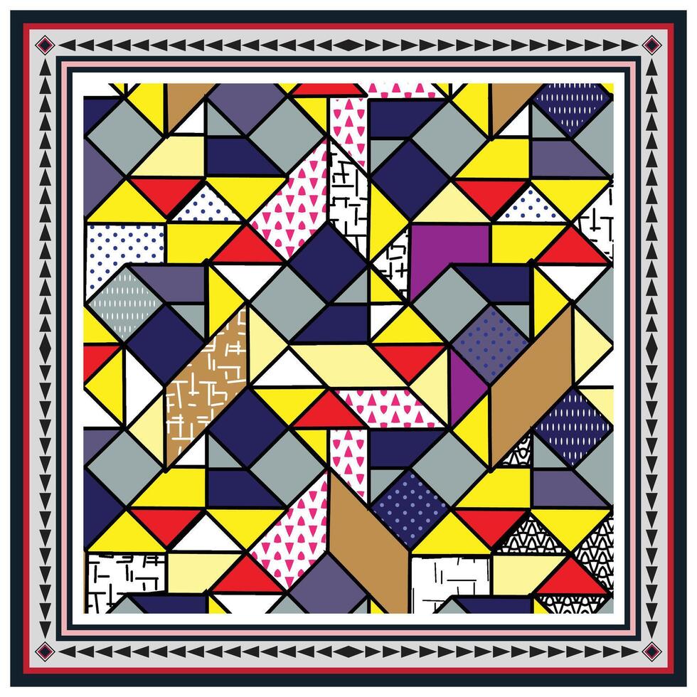 Abstract square print scarf, geometric pattern with a colorful assortment of shapes and lines. vector