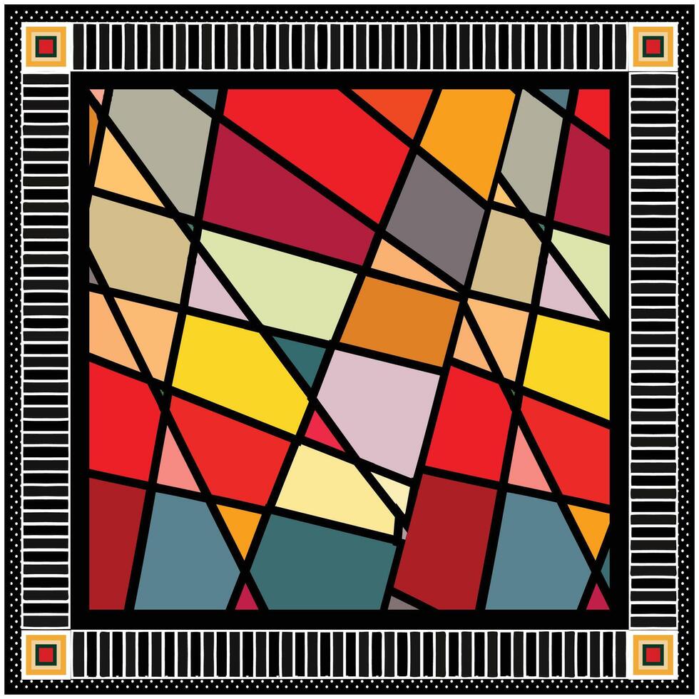 Abstract square scarf print, geometric multicolored stained glass design with a patterned black border. vector