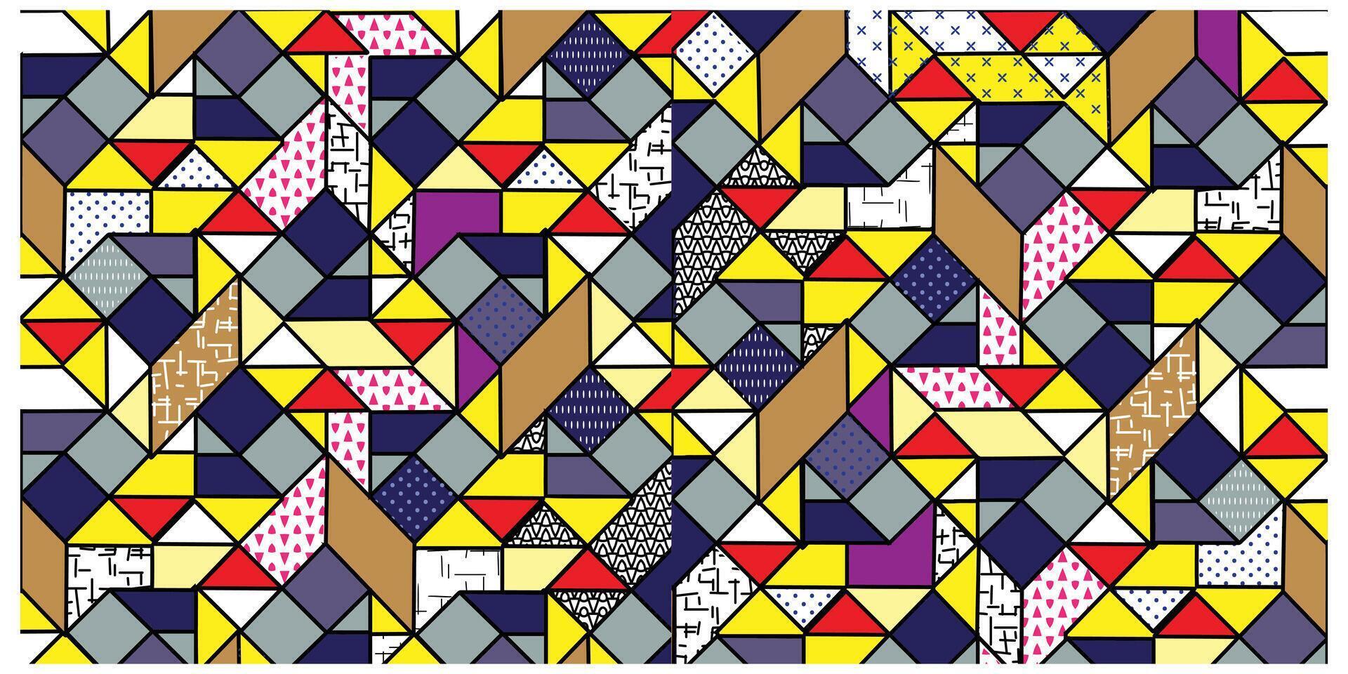 A lively arrangement of squares and triangles in various colors, forming a captivating geometric pattern. vector