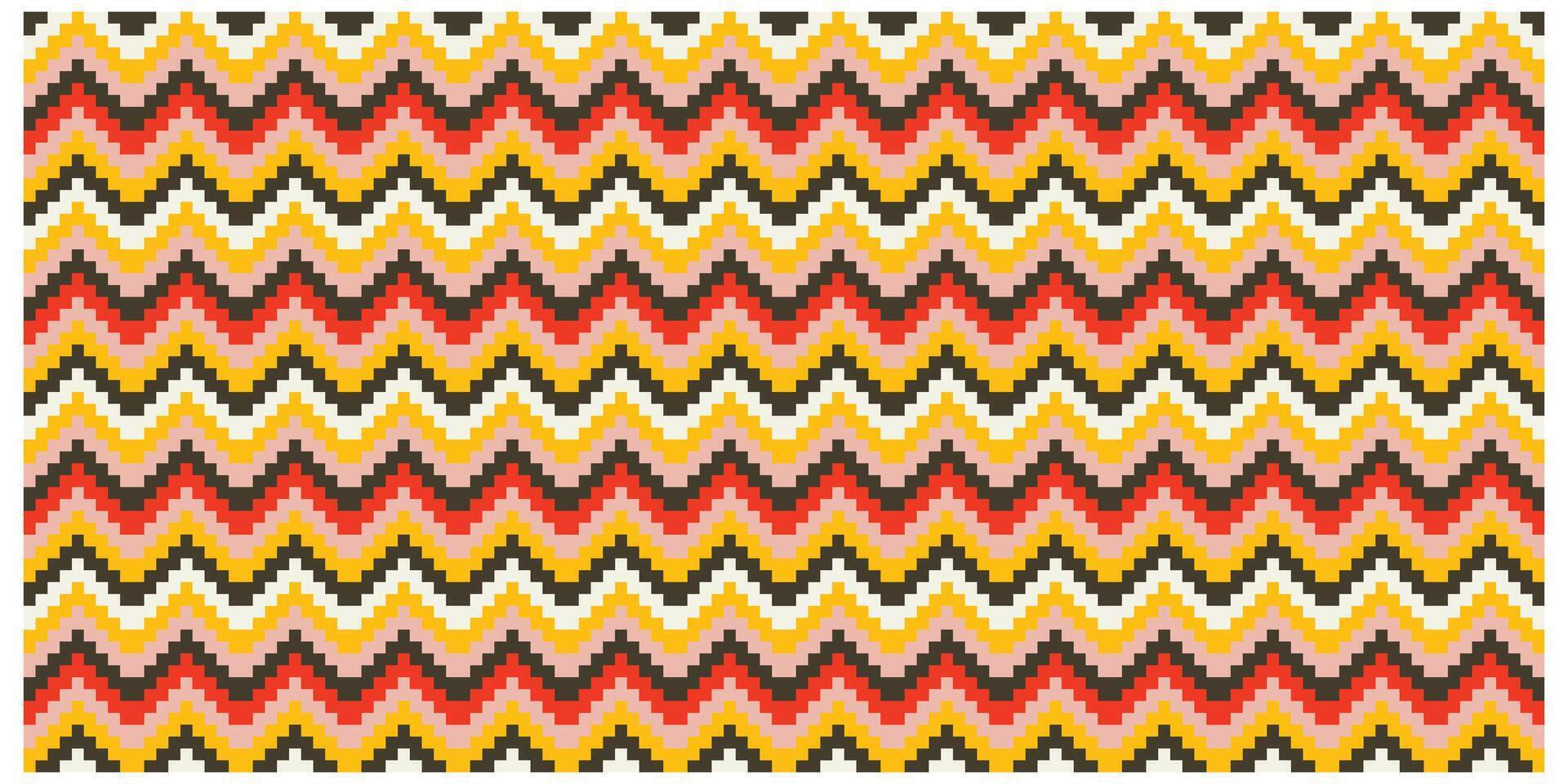 Pixelated abstract scarf print design with interlocking zig zag pattern in red, yellow, black, and white. vector