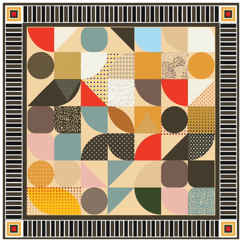 Geometric square print scarf patterned quilt with repeated diamond and flower shapes in yellow, orange, and black. vector