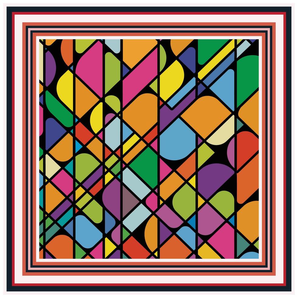Colorful square print abstract geometric pattern with overlapping circles and lines. vector
