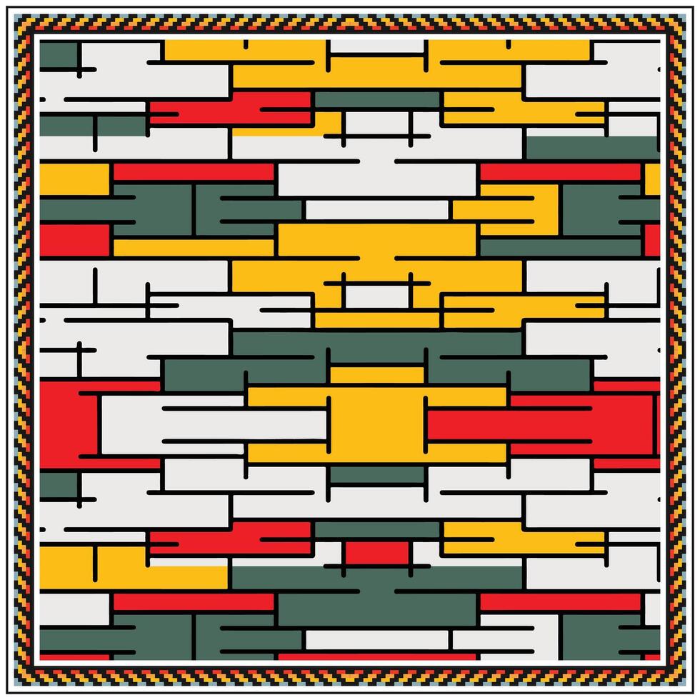 Abstract geometric square scarf pattern with colorful horizontal brick-like shapes enclosed in a decorative border. vector