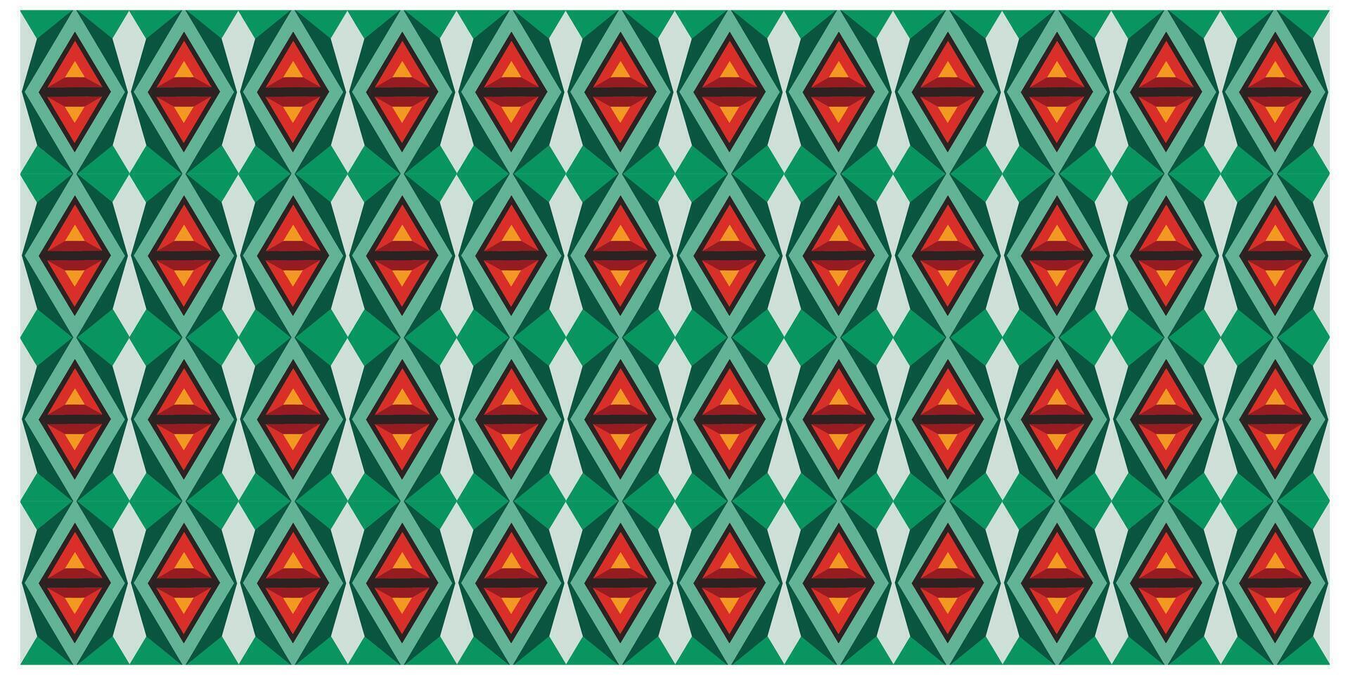 A repetitive geometric pattern of red and green diamonds on a teal background. vector
