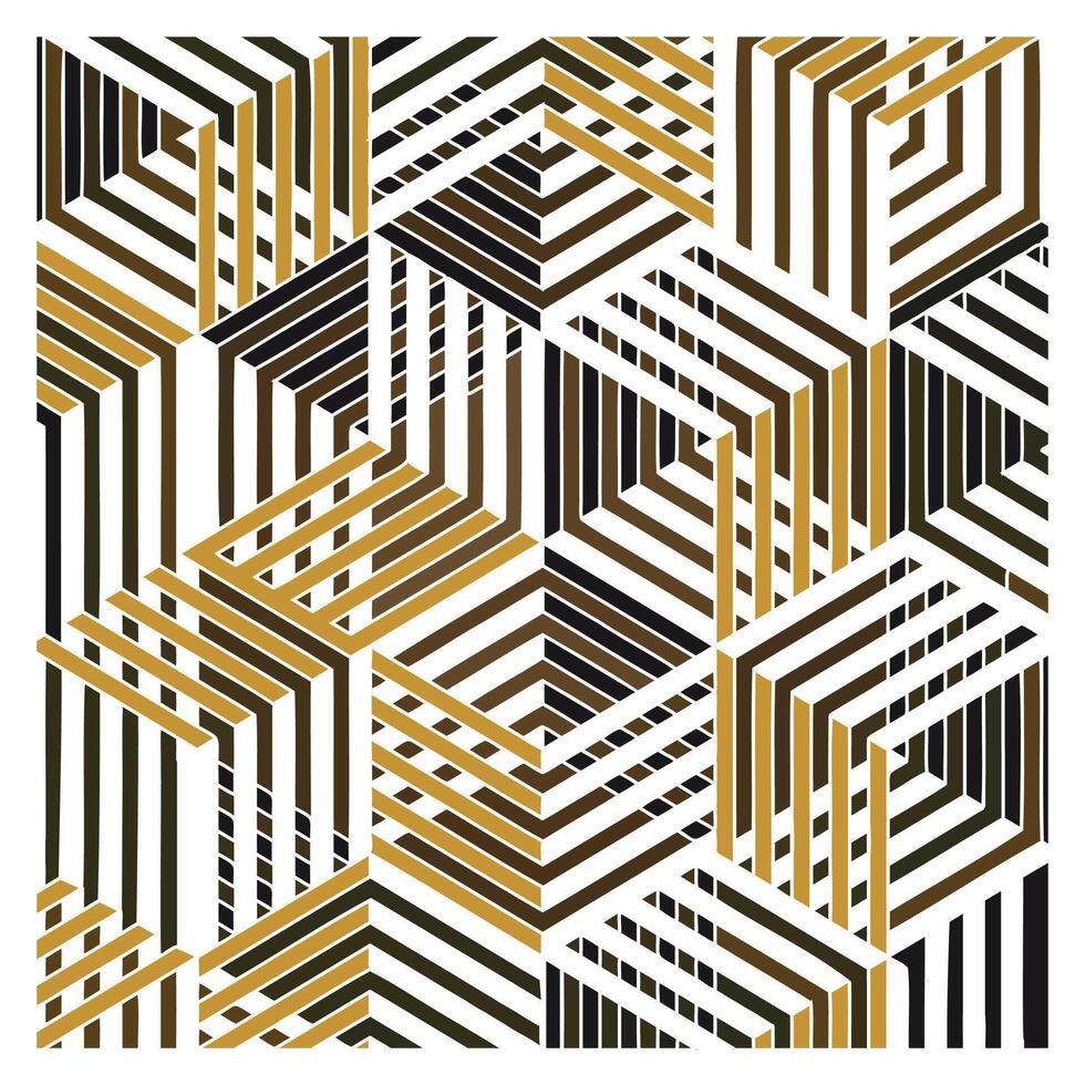 An optical illusion of zigzag patterns in a square frame with gold, black, and white stripes. vector