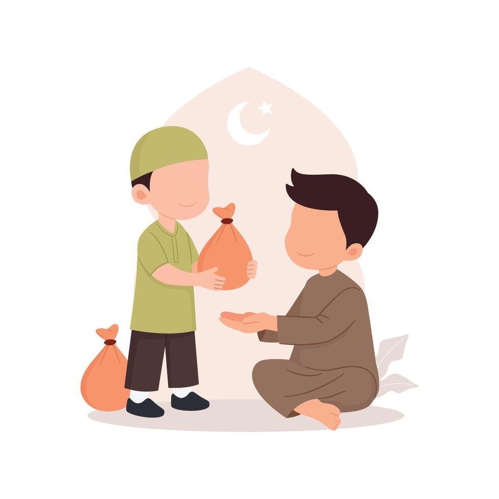 Muslim boy giving donation and charity to poor people flat style illustration vector
