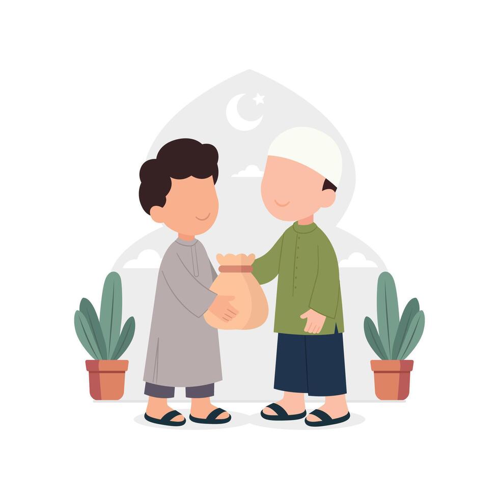 Muslim boy giving donation and charity to poor boy flat style illustration vector