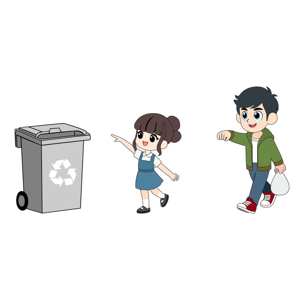 Cartoon Brother And Sister Want Throwing Trash Together Into Rubbish Bin Vectors Illustration