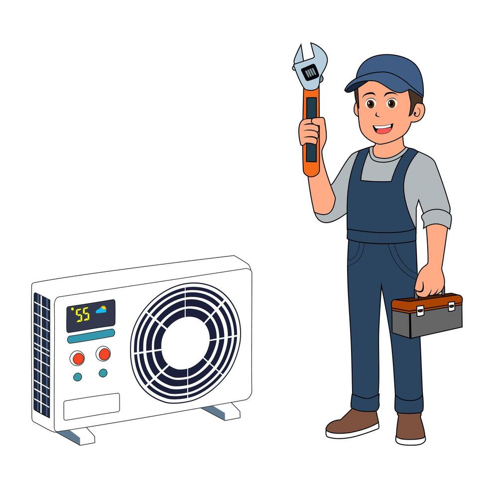 Cartoon Man Veteran Technician Fix Air Condition Vectors Illustration