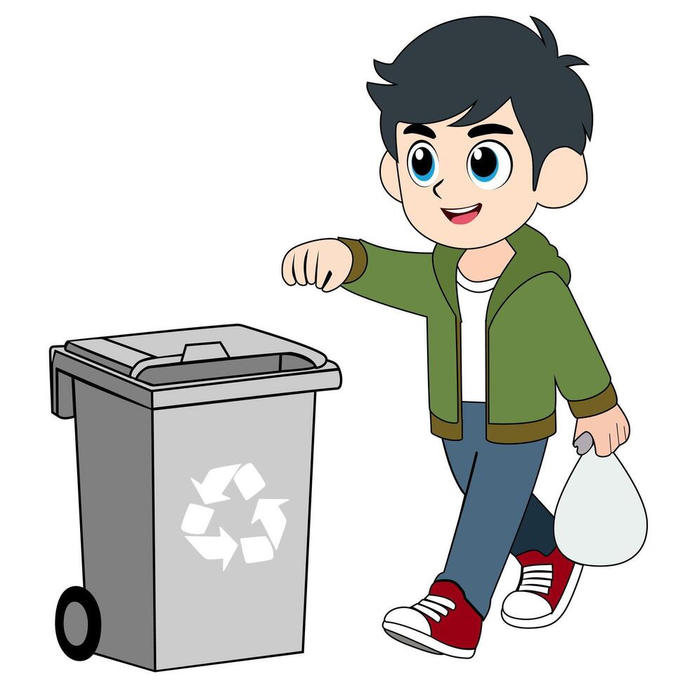 Cartoon Boy Throwing Trash Into Rubbish Bin Vectors Illustration