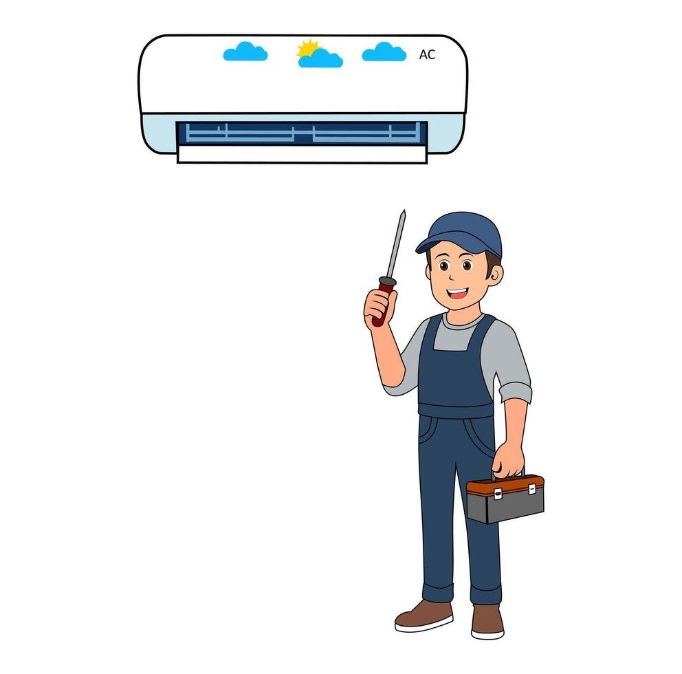 Cartoon Man Technician Fix Air Condition With Holding Screwdriver and Toolbox Vectors Illustration