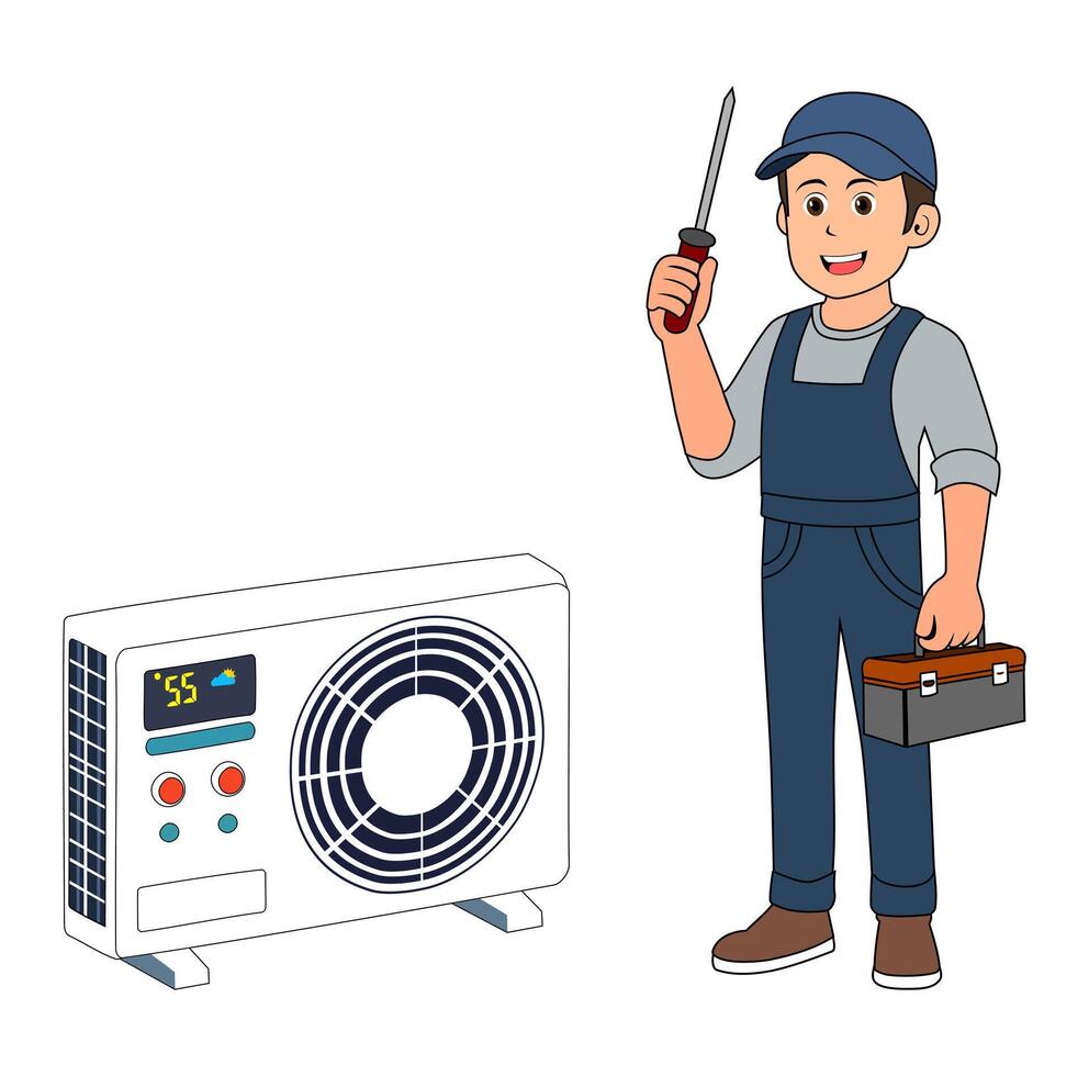 Cartoon Man Technician Fix Air Condition Using Toolbox Vectors Illustration