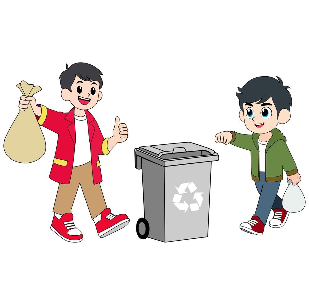 Cartoon Brother Want Throwing Trash Into Rubbish Bin Together Vectors Illustration