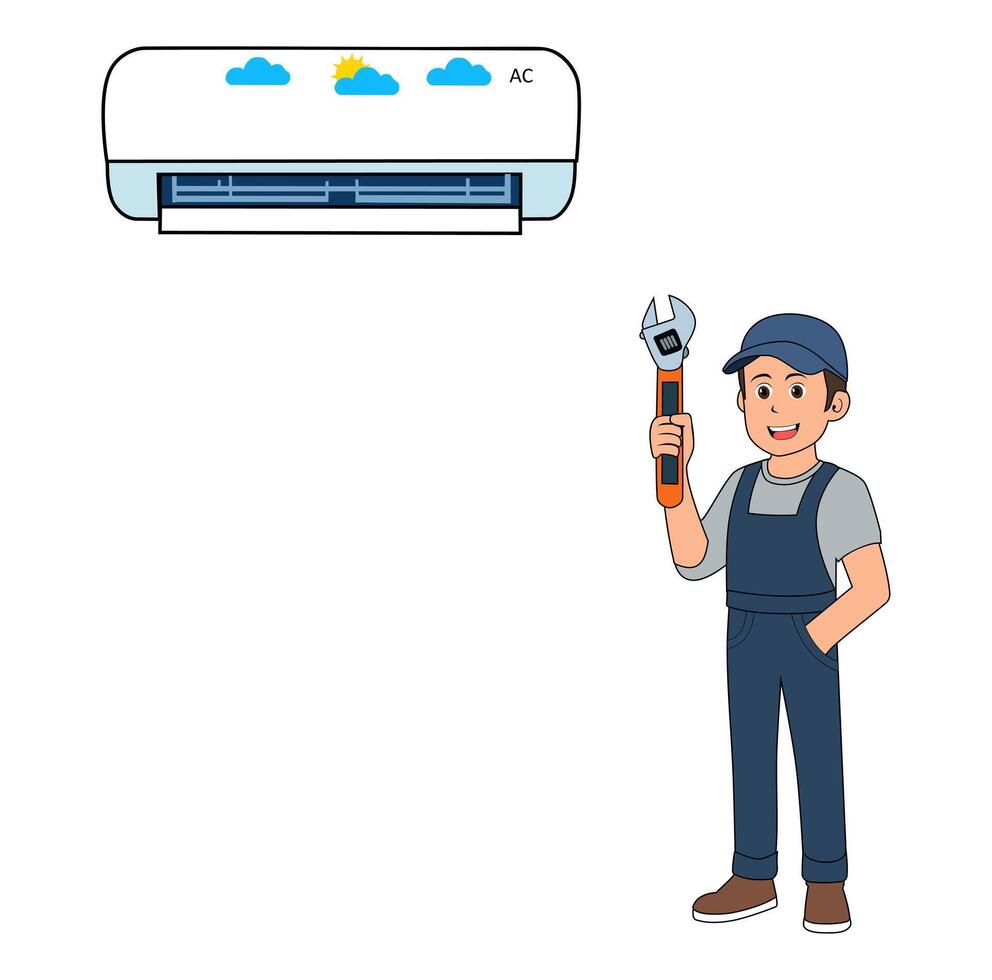 Cartoon New Technician Trying Fix Air Condition Vectors Illustration