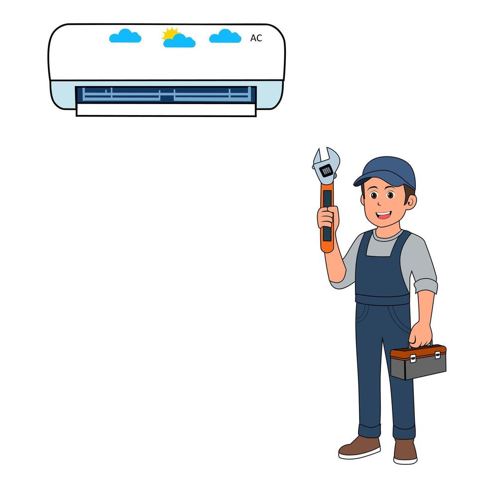 Cartoon Man Technician Fix Air Condition Standing Under Air Condition vector