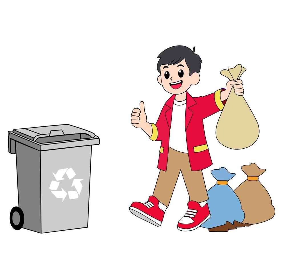 Cartoon Young And Handsome Boy Throwing Trash Into Rubbish Bin Vectors Illustration