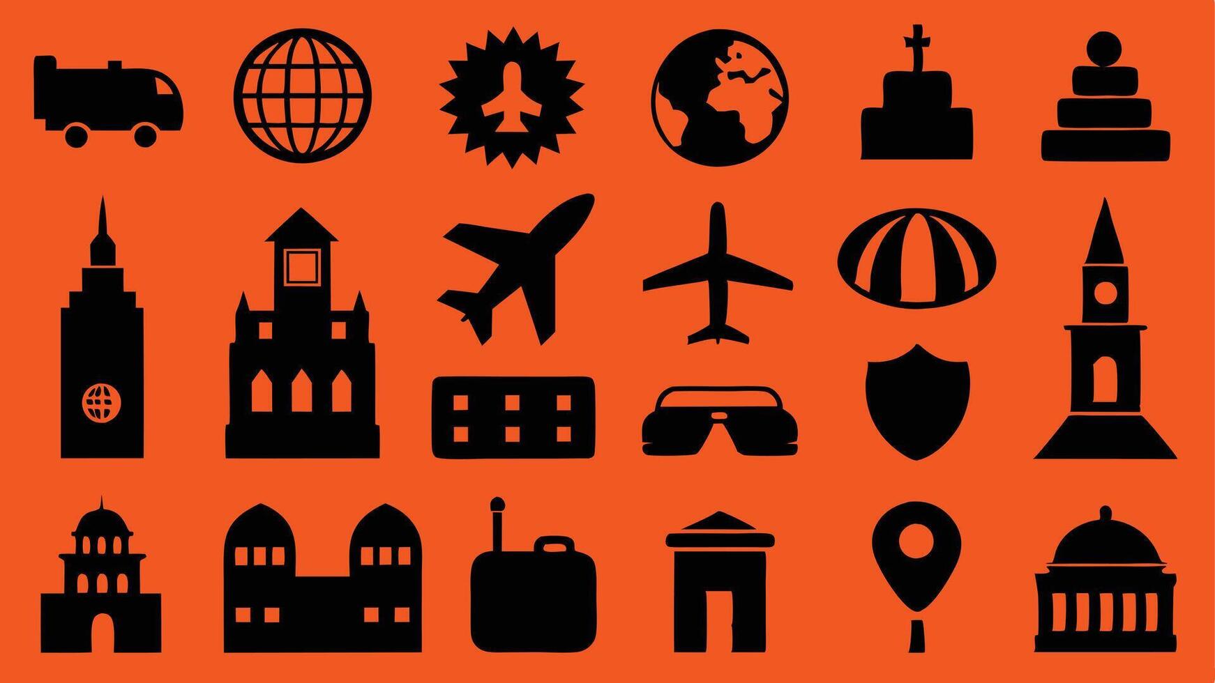 Flat Icons of Travel and Landmarks Featuring Passports, Monuments, and Maps vector