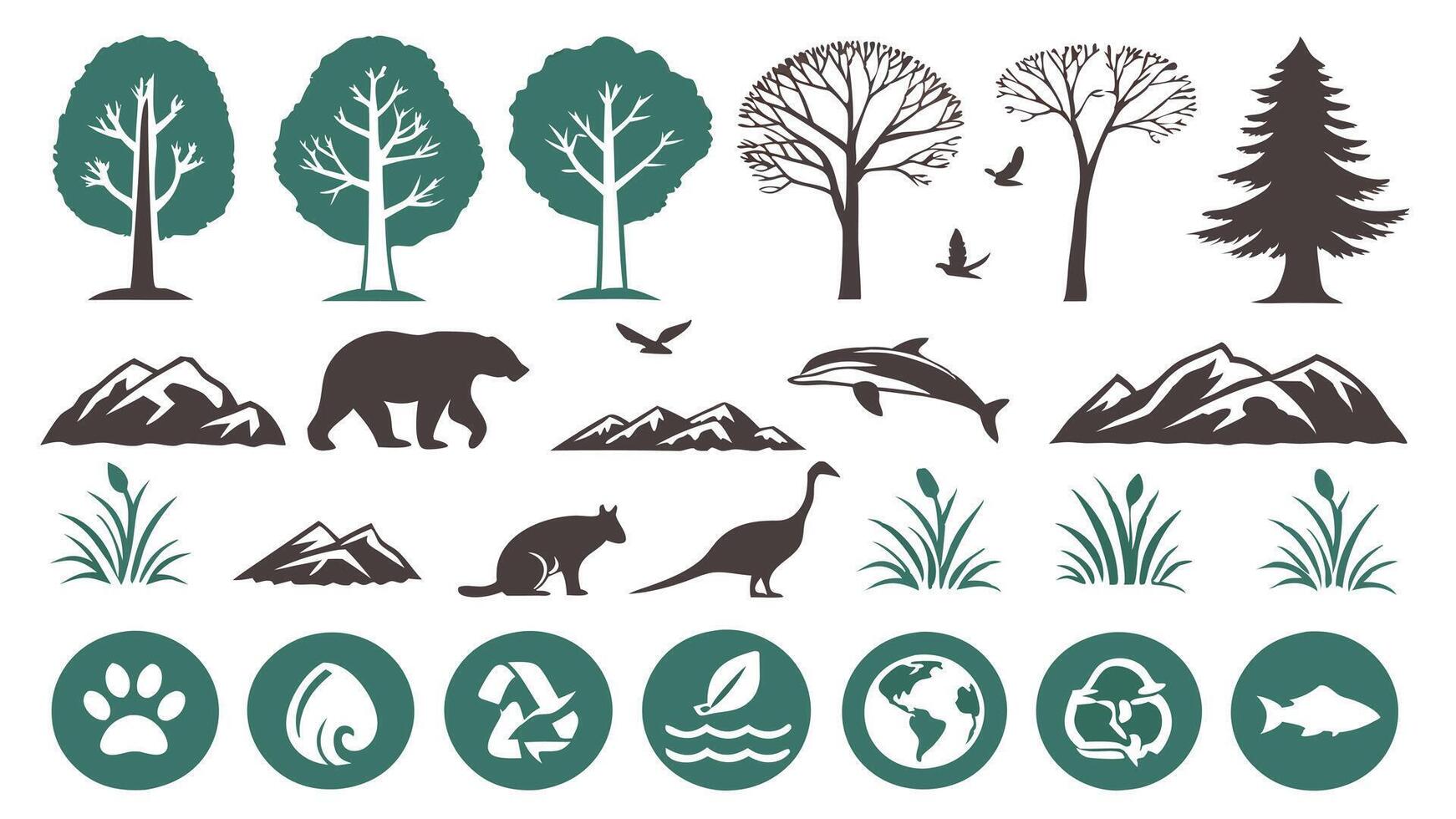 Flat Icons Depicting Nature, Wildlife Conservation, Recycling, and Biodiversity Efforts vector