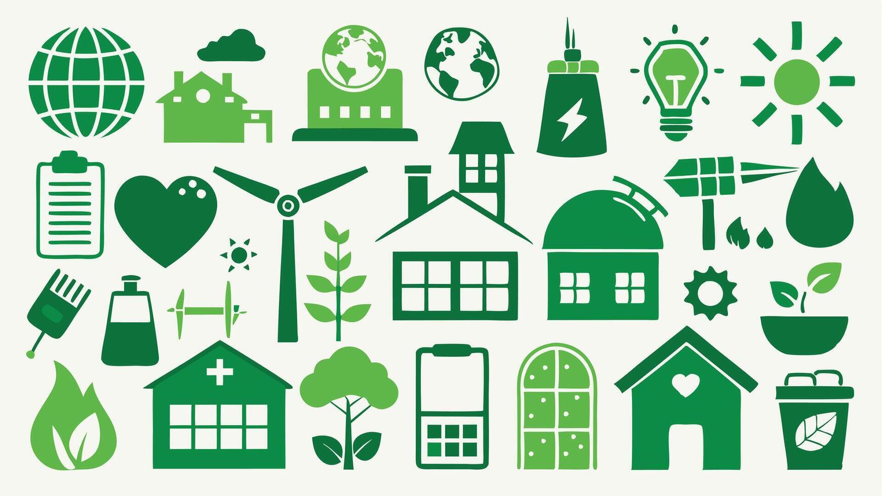 Flat icons of renewable energy for sustainable living featuring solar panels and eco designs. vector