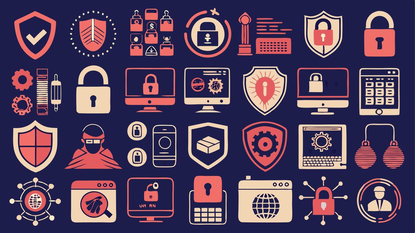 Cybersecurity Essentials Padlock, Firewall, Data Encryption Icons vector