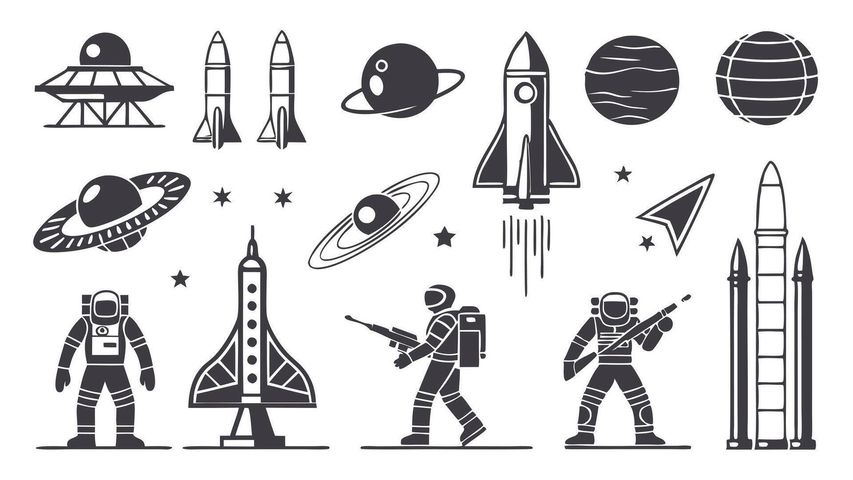 Flat Icons of Space Travel Featuring Rockets, Satellites, and Futuristic Themes vector