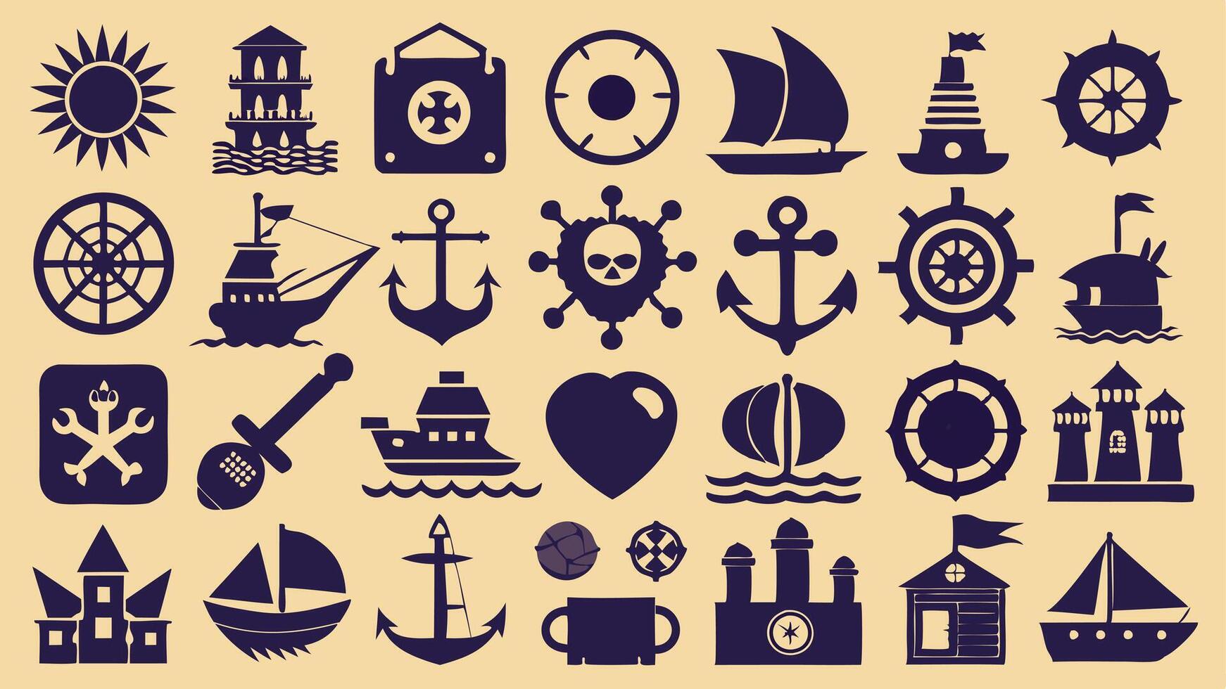 Flat Icons Silhouettes of Ancient Maritime History with Anchors, Ships, and Compasses vector