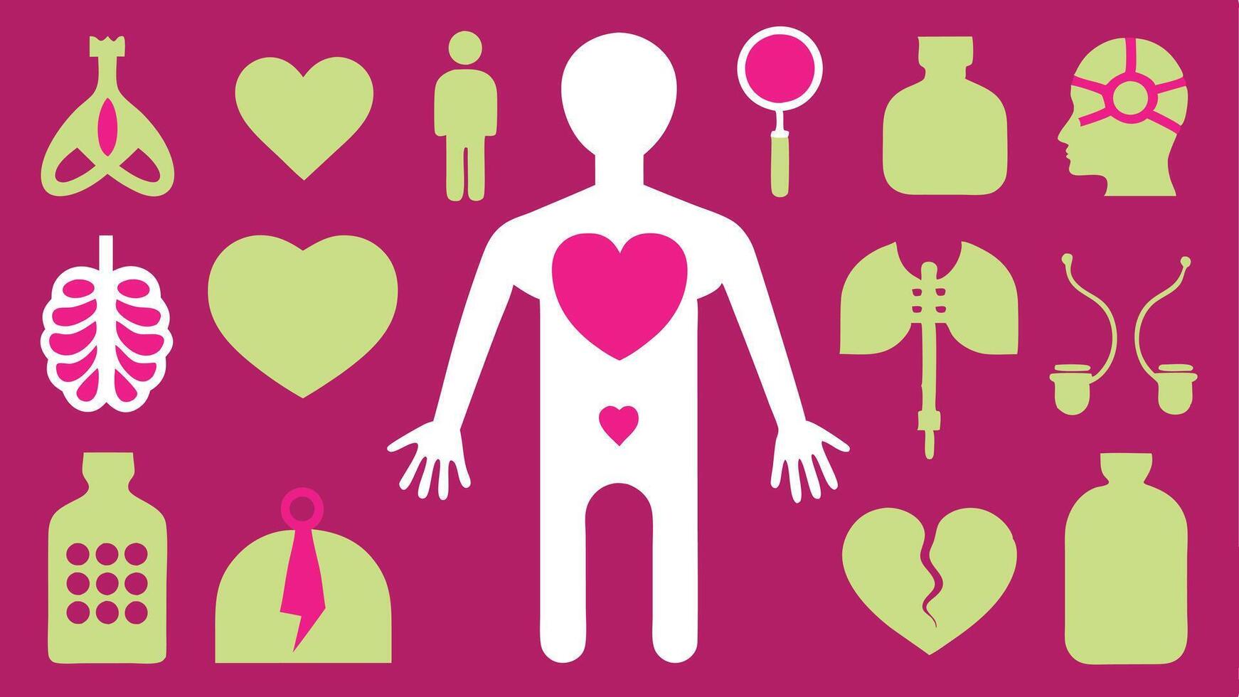 Flat Icons Depicting Human Anatomy, Skeletons, DNA, and Health Awareness vector