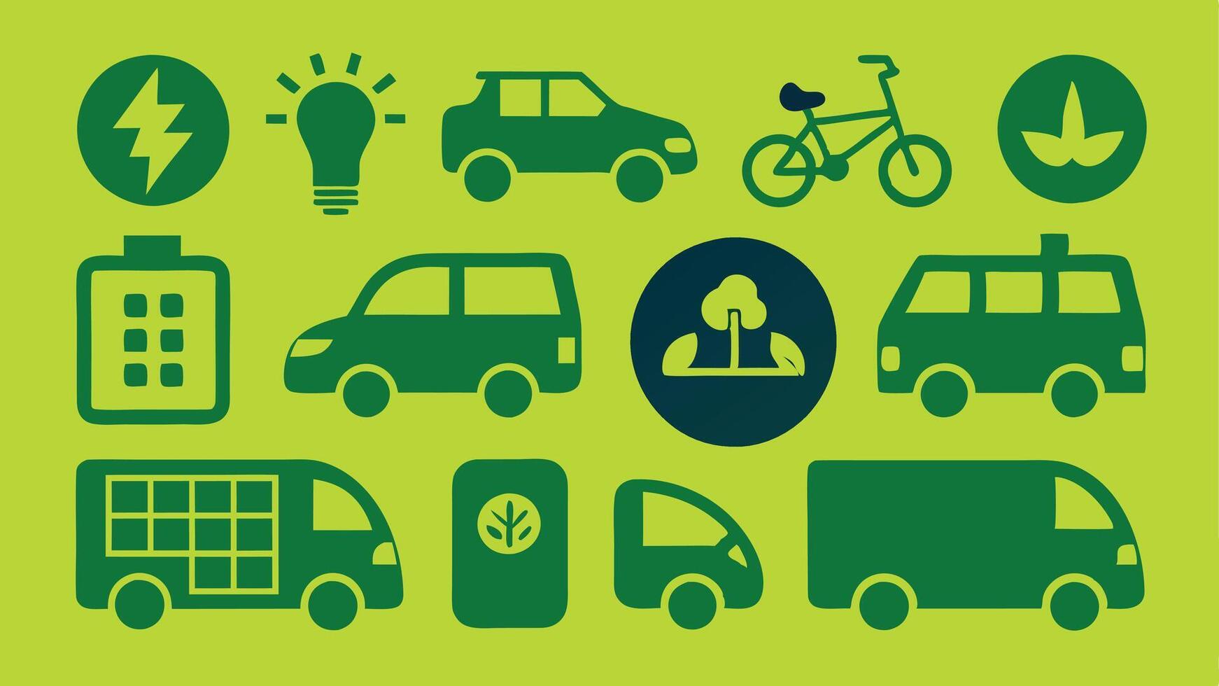 Flat Icons Depicting Renewable Transport, EVs, Solar Bikes, and Charging Stations vector