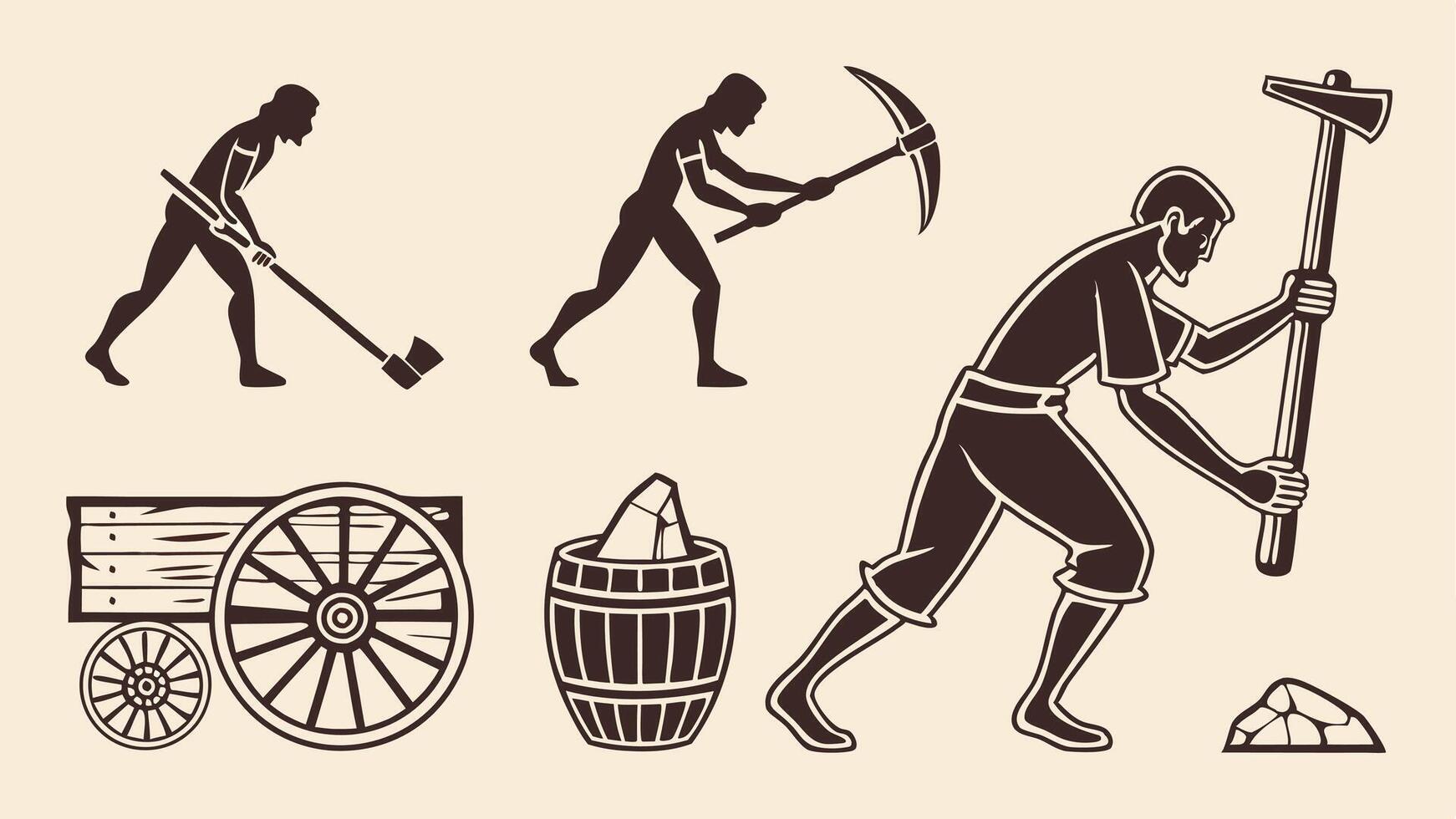 Flat icons illustrating ancient tools including hand axes, pottery, papyrus, and carts in silhouette style vector